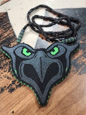 Handmade Seattle Seahawks Leather Beaded Raven Medallion Necklace Neon/Green